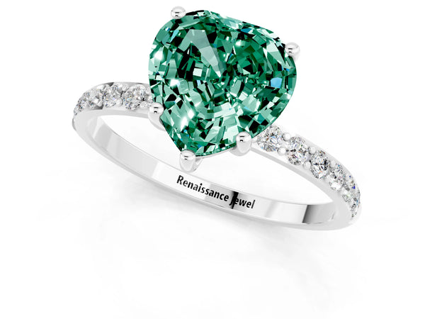 Silver Heart Cut Green Sapphire Solitaire Ring with Round Pavé Shoulders and Prong Setting