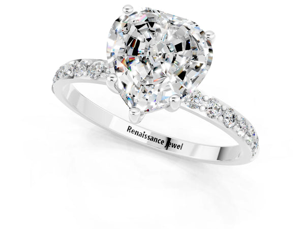 Silver Heart Cut Moissanite Solitaire Ring with Round Pavé Shoulders and Prong Setting