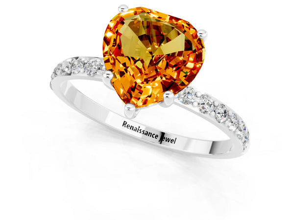 Platinum Heart Cut Citrine Solitaire Ring with Round Pavé Shoulders and Prong Setting