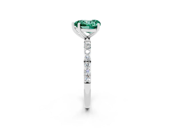 Platinum Heart Cut Green Sapphire Solitaire Ring with Round Pavé Shoulders and Prong Setting