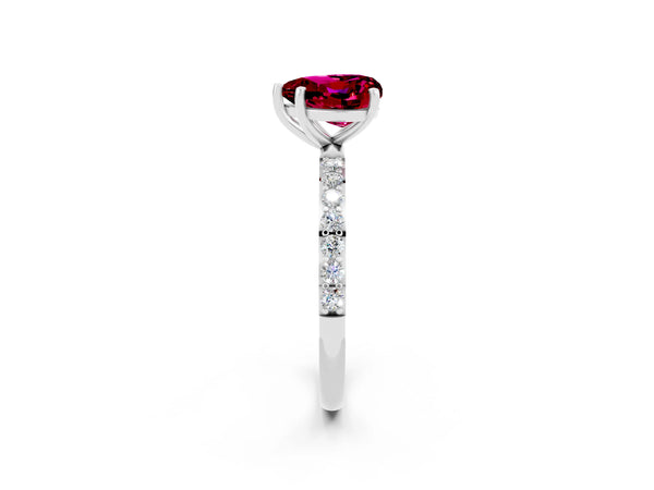 White gold Heart Cut Garnet Solitaire Ring with Round Pavé Shoulders and Prong Setting