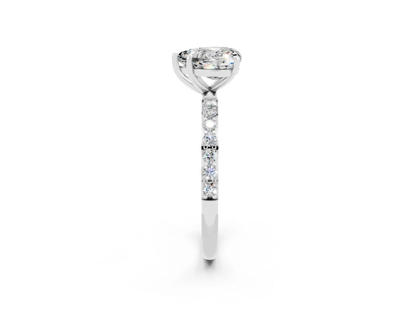 Silver Heart Cut Moissanite Solitaire Ring with Round Pavé Shoulders and Prong Setting