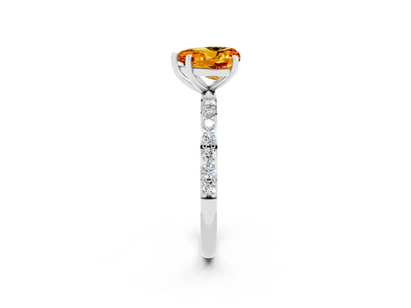Platinum Heart Cut Citrine Solitaire Ring with Round Pavé Shoulders and Prong Setting