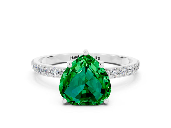 Silver Heart Cut Emerald Solitaire Ring with Round Pavé Shoulders and Prong Setting
