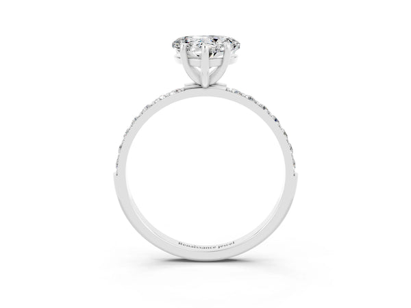 Platinum Heart Cut Moissanite Solitaire Ring with Round Pavé Shoulders and Prong Setting
