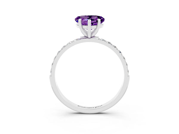 Platinum Heart Cut Amethyst Solitaire Ring with Round Pavé Shoulders and Prong Setting