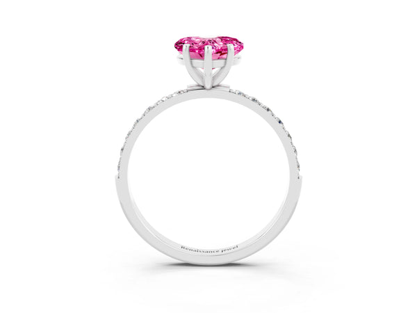 White Gold Heart-Shaped Lab-Grown Pink Sapphire Solitaire Engagement Ring with Pave Shoulders