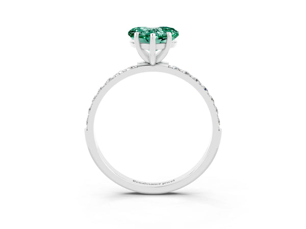 Platinum Heart Cut Green Sapphire Solitaire Ring with Round Pavé Shoulders and Prong Setting