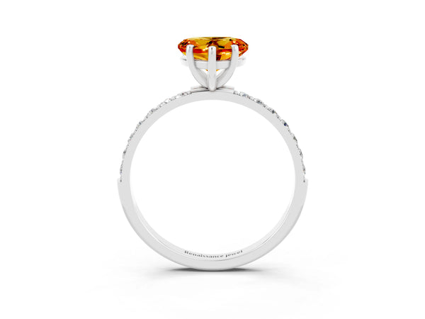 White gold Heart Cut Citrine Solitaire Ring with Round Pavé Shoulders and Prong Setting
