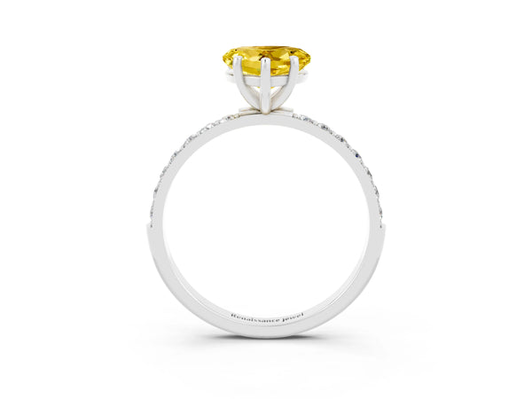 Platinum Heart Cut Yellow Sapphire Solitaire Ring with Round Pavé Shoulders and Prong Setting