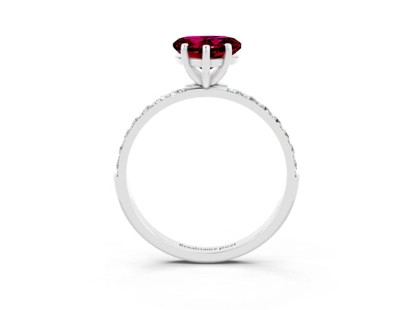White gold Heart Cut Garnet Solitaire Ring with Round Pavé Shoulders and Prong Setting