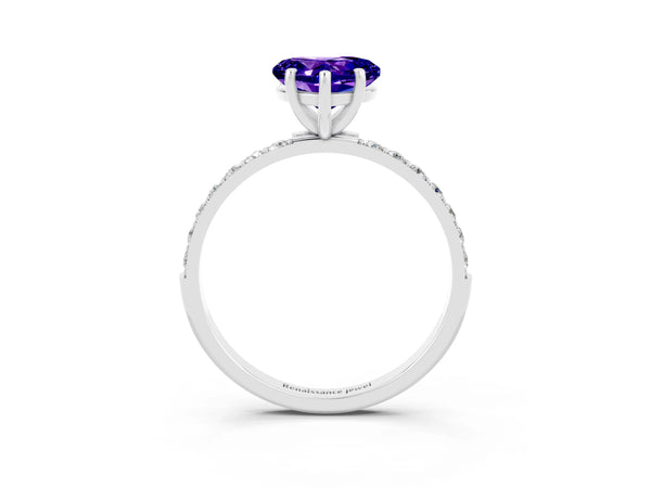Silver Heart Cut Tanzanite Solitaire Ring with Round Pavé Shoulders and Prong Setting