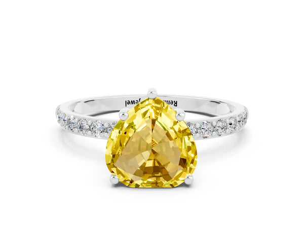 Platinum Heart Cut Yellow Sapphire Solitaire Ring with Round Pavé Shoulders and Prong Setting