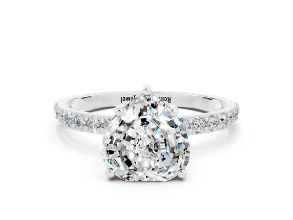Silver Heart Cut Moissanite Solitaire Ring with Round Pavé Shoulders and Prong Setting