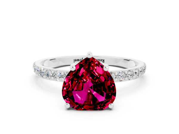 White gold Heart Cut Garnet Solitaire Ring with Round Pavé Shoulders and Prong Setting