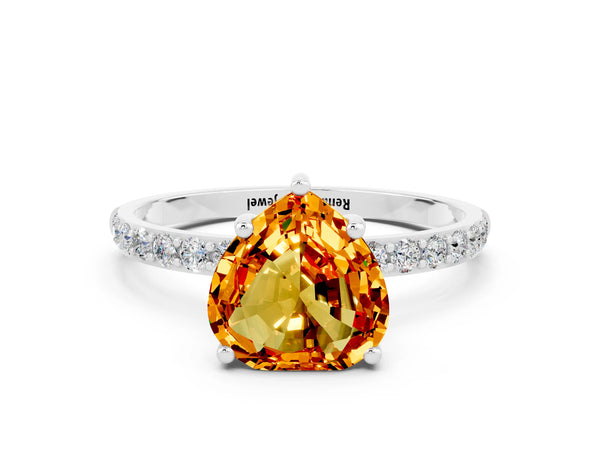 Silver Heart Cut Citrine Solitaire Ring with Round Pavé Shoulders and Prong Setting