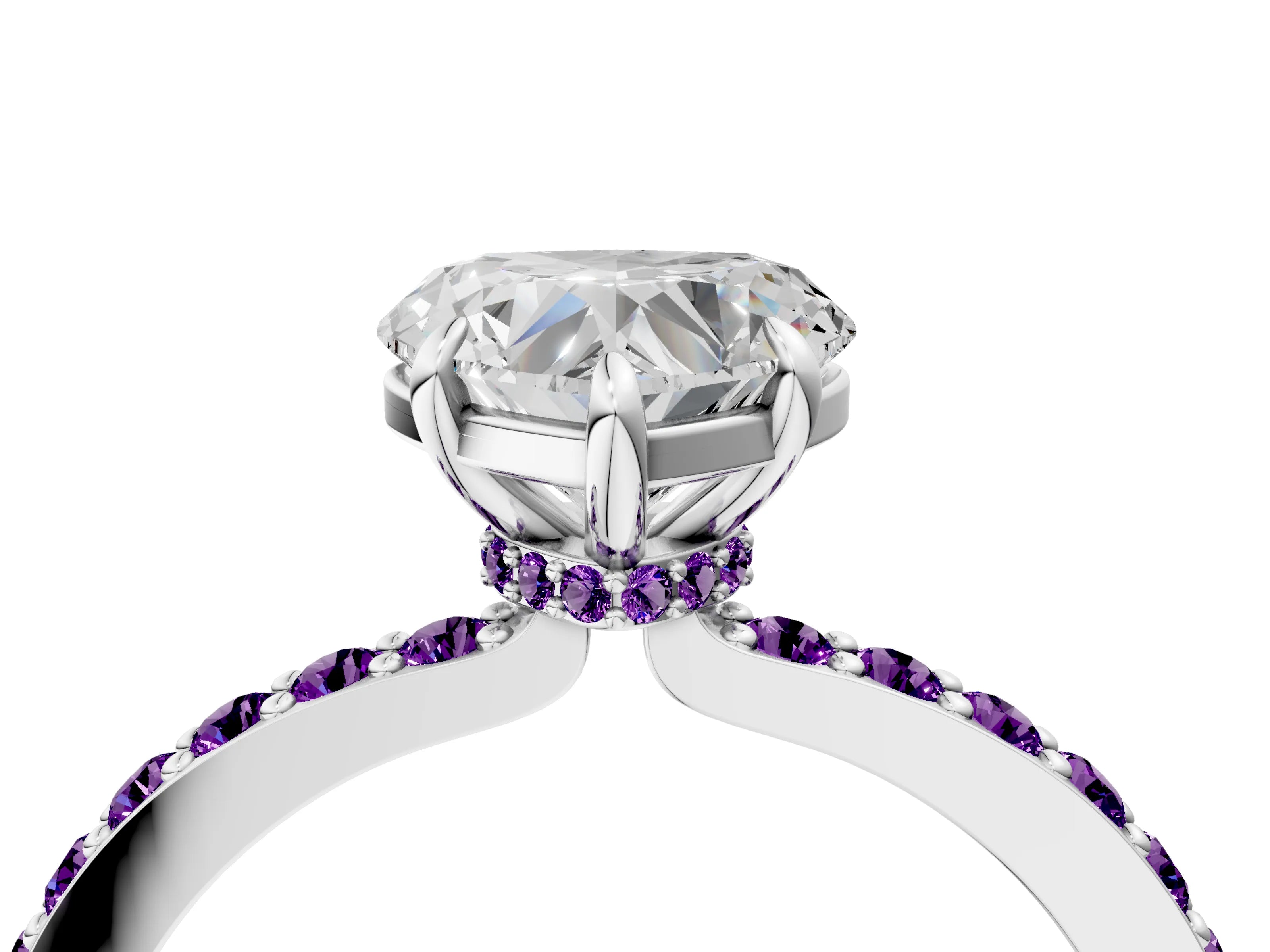 White gold Heart Cut Diamond Pavé Engagement Ring with Round with Amethyst side stone Accents and Prong Setting_16