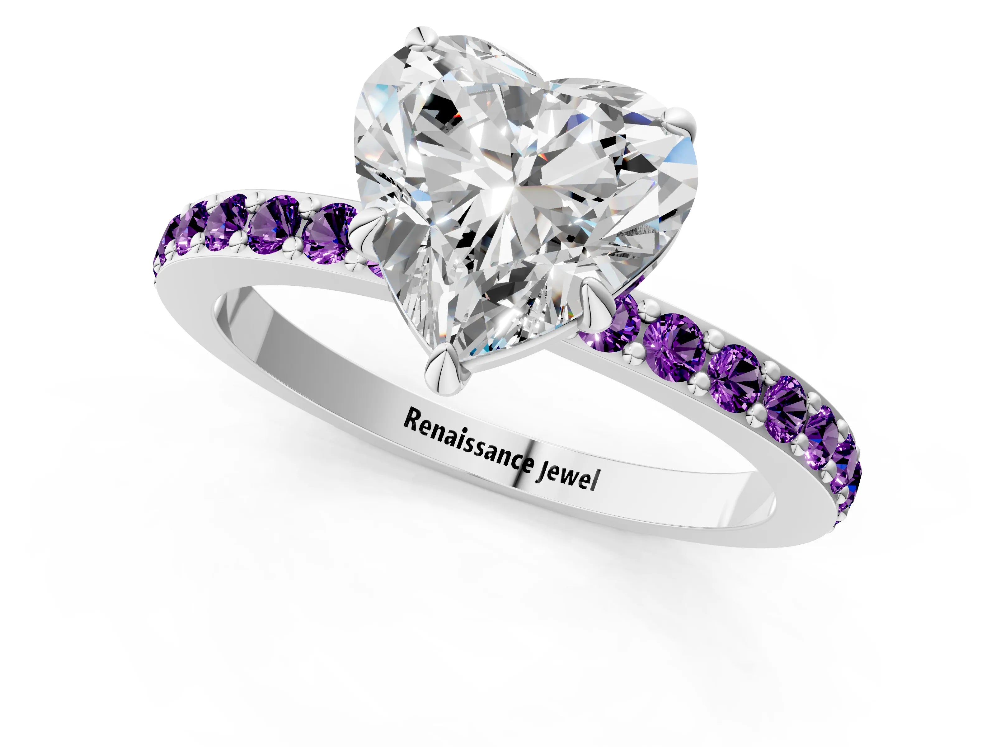 White gold Heart Cut Diamond Pavé Engagement Ring with Round with Amethyst side stone Accents and Prong Setting_1