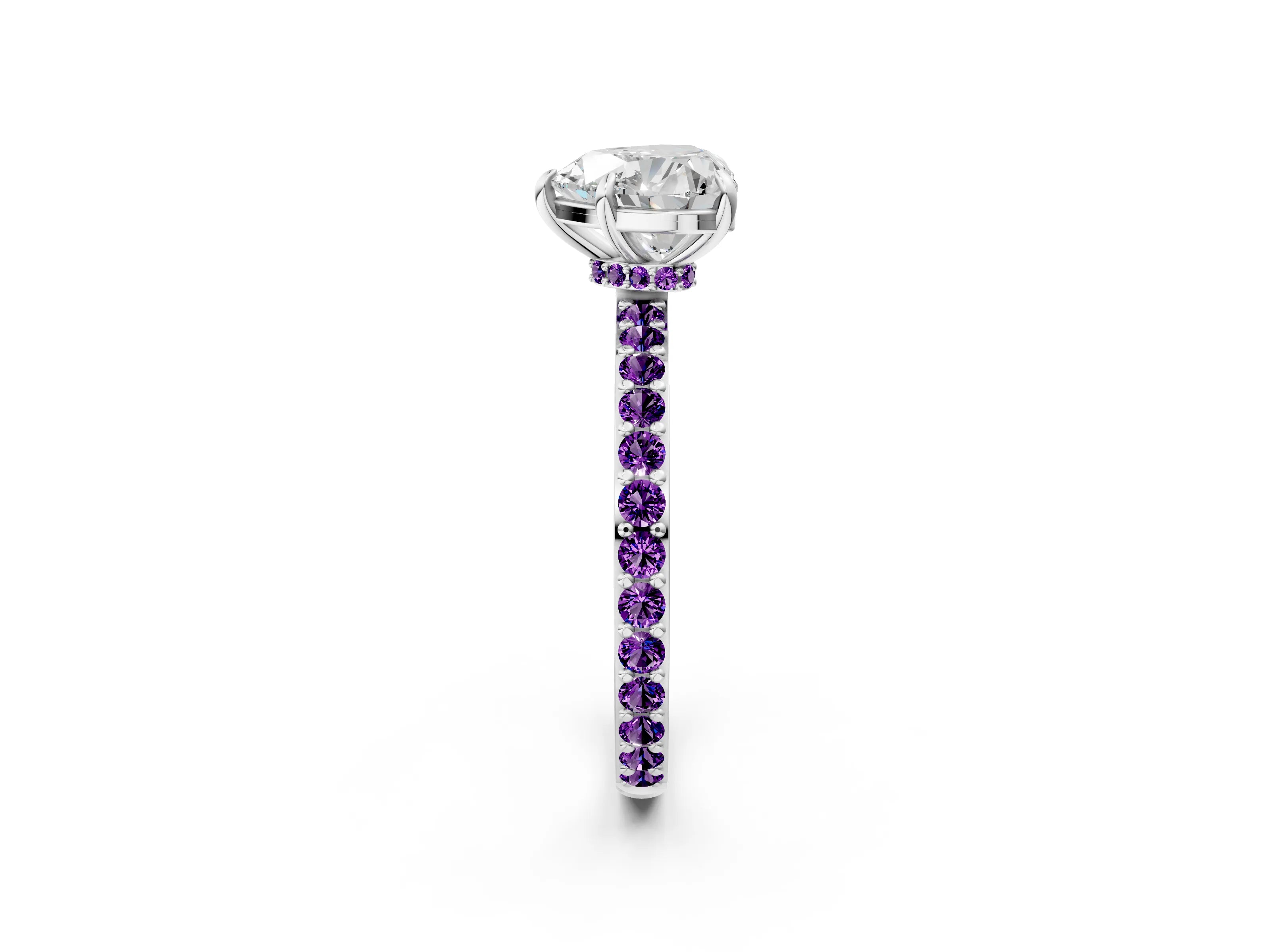 White gold Heart Cut Diamond Pavé Engagement Ring with Round with Amethyst side stone Accents and Prong Setting_2
