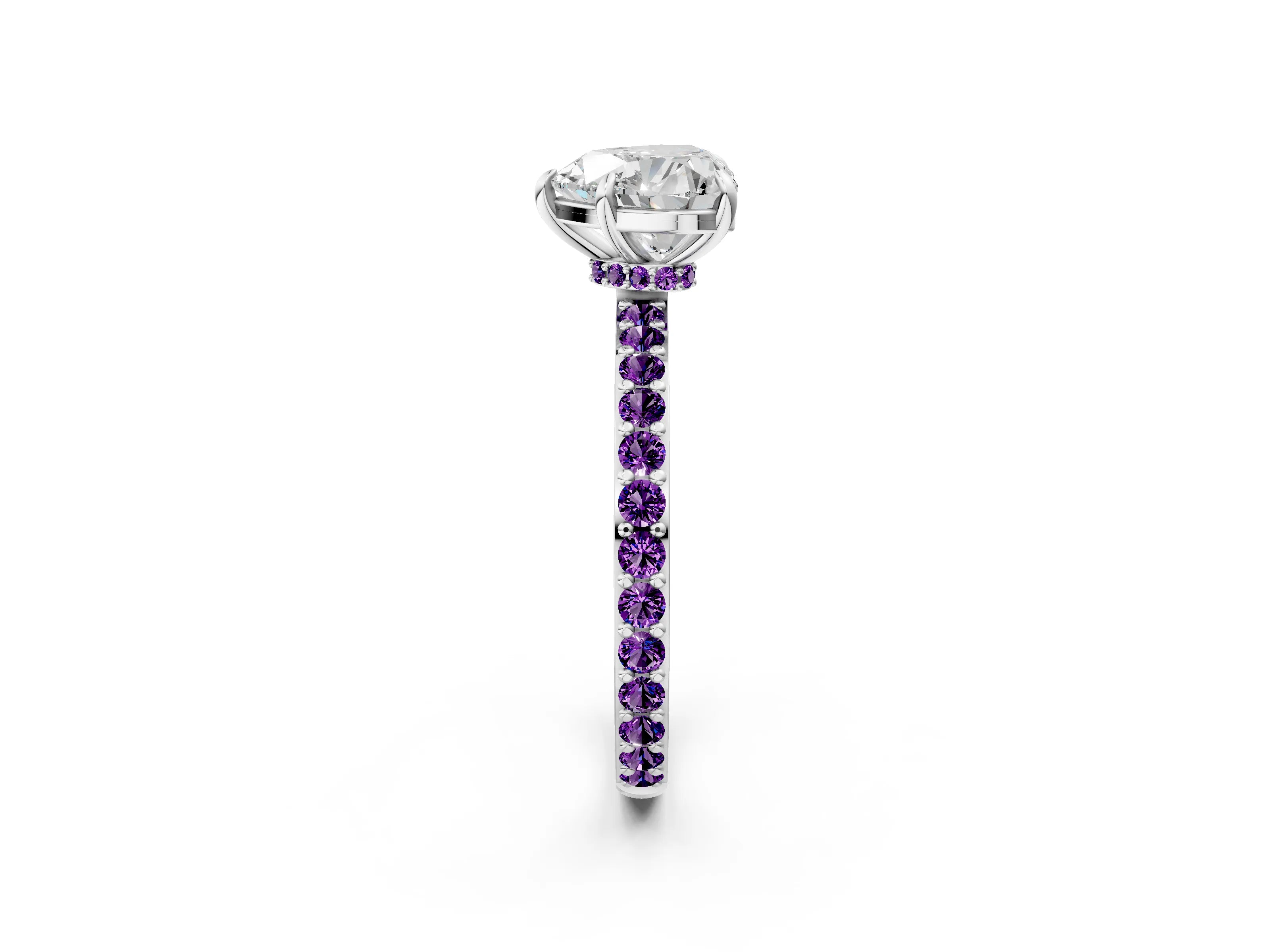 White gold Heart Cut Diamond Pavé Engagement Ring with Round with Amethyst side stone Accents and Prong Setting_26