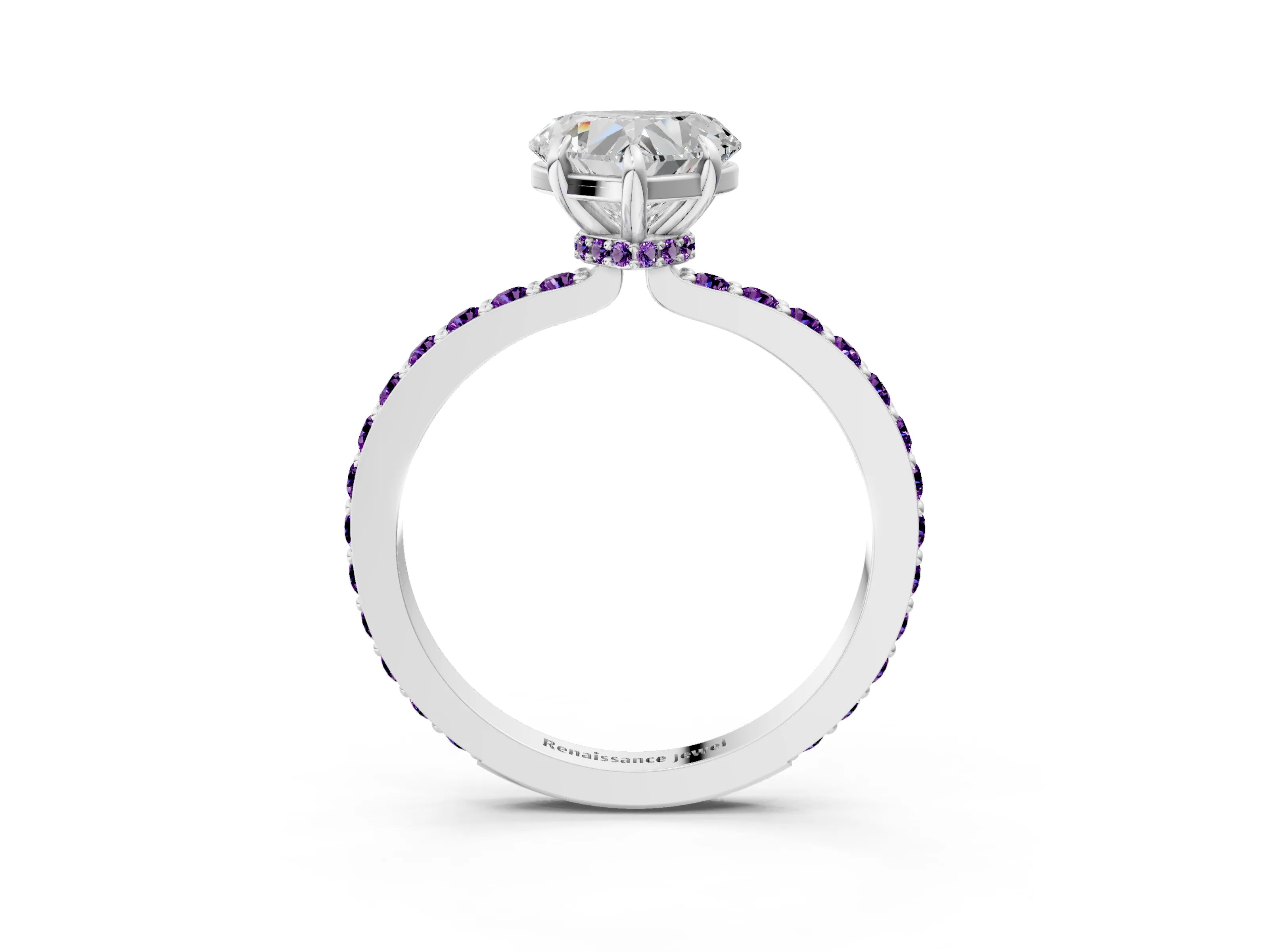 White gold Heart Cut Diamond Pavé Engagement Ring with Round with Amethyst side stone Accents and Prong Setting_27