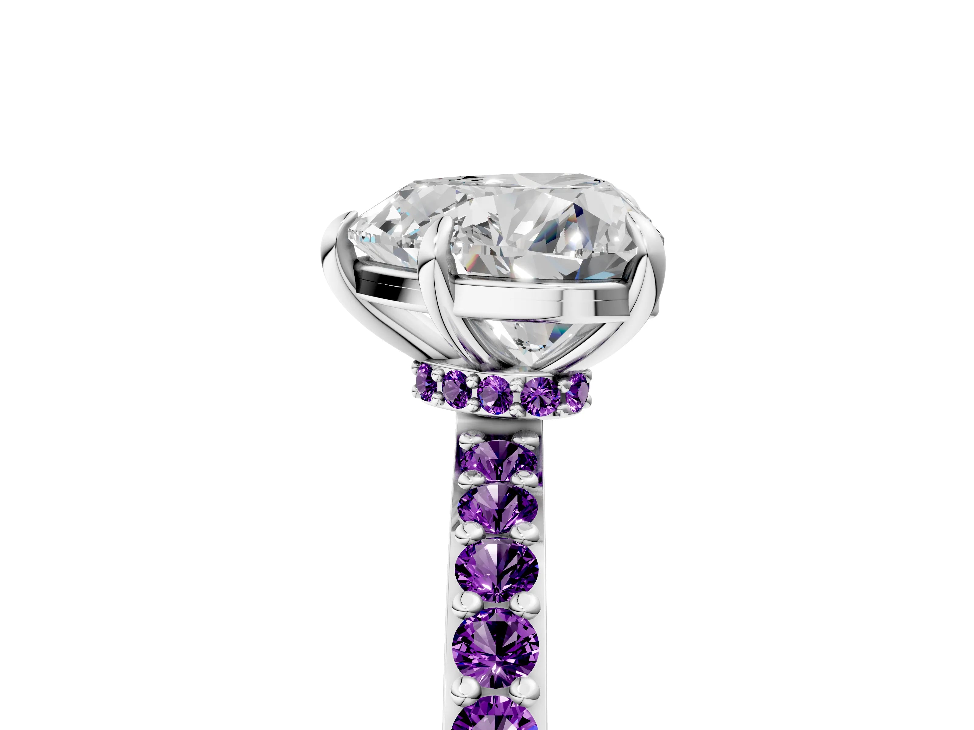 White gold Heart Cut Diamond Pavé Engagement Ring with Round with Amethyst side stone Accents and Prong Setting_29
