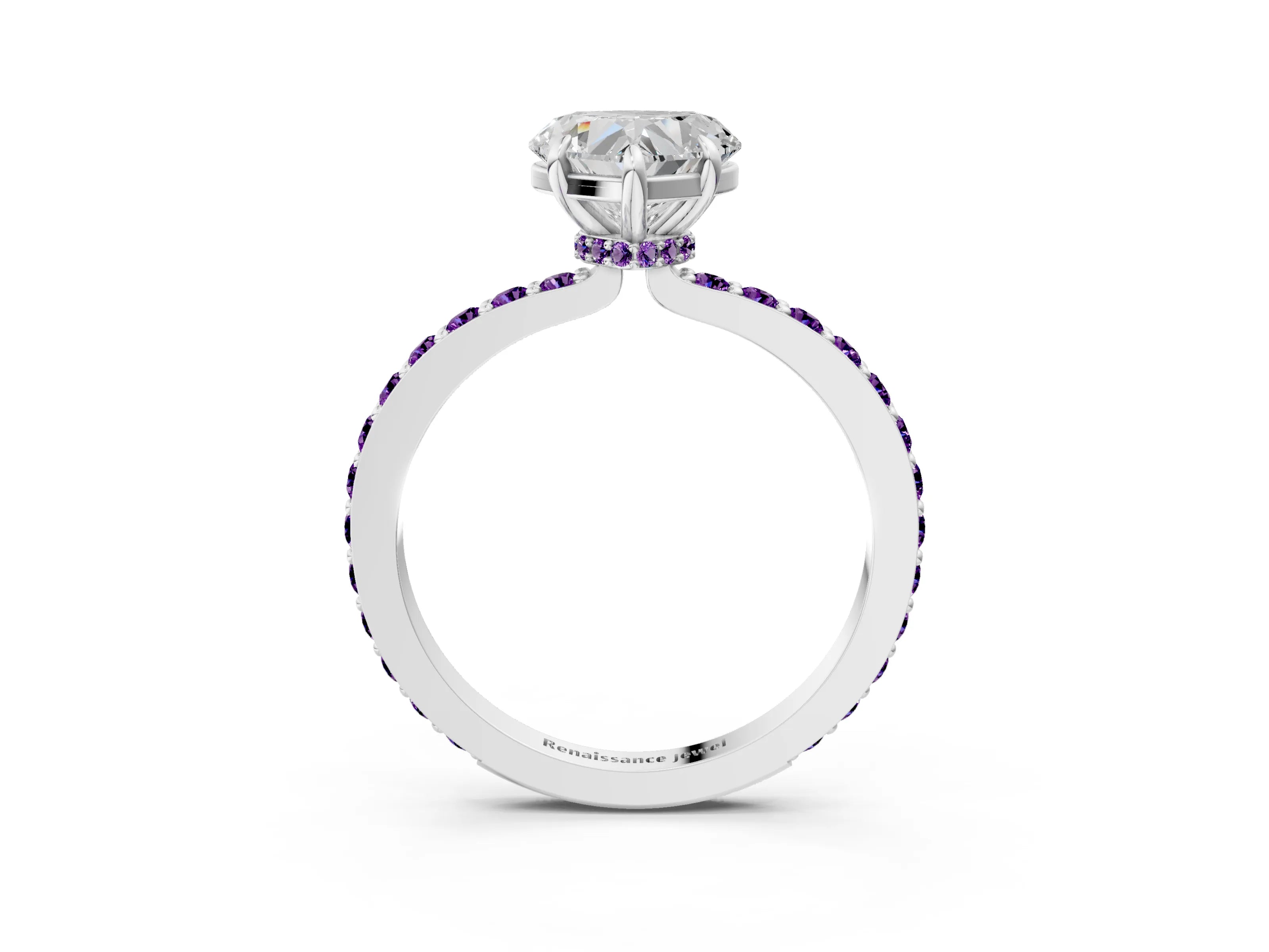 White gold Heart Cut Diamond Pavé Engagement Ring with Round with Amethyst side stone Accents and Prong Setting_3