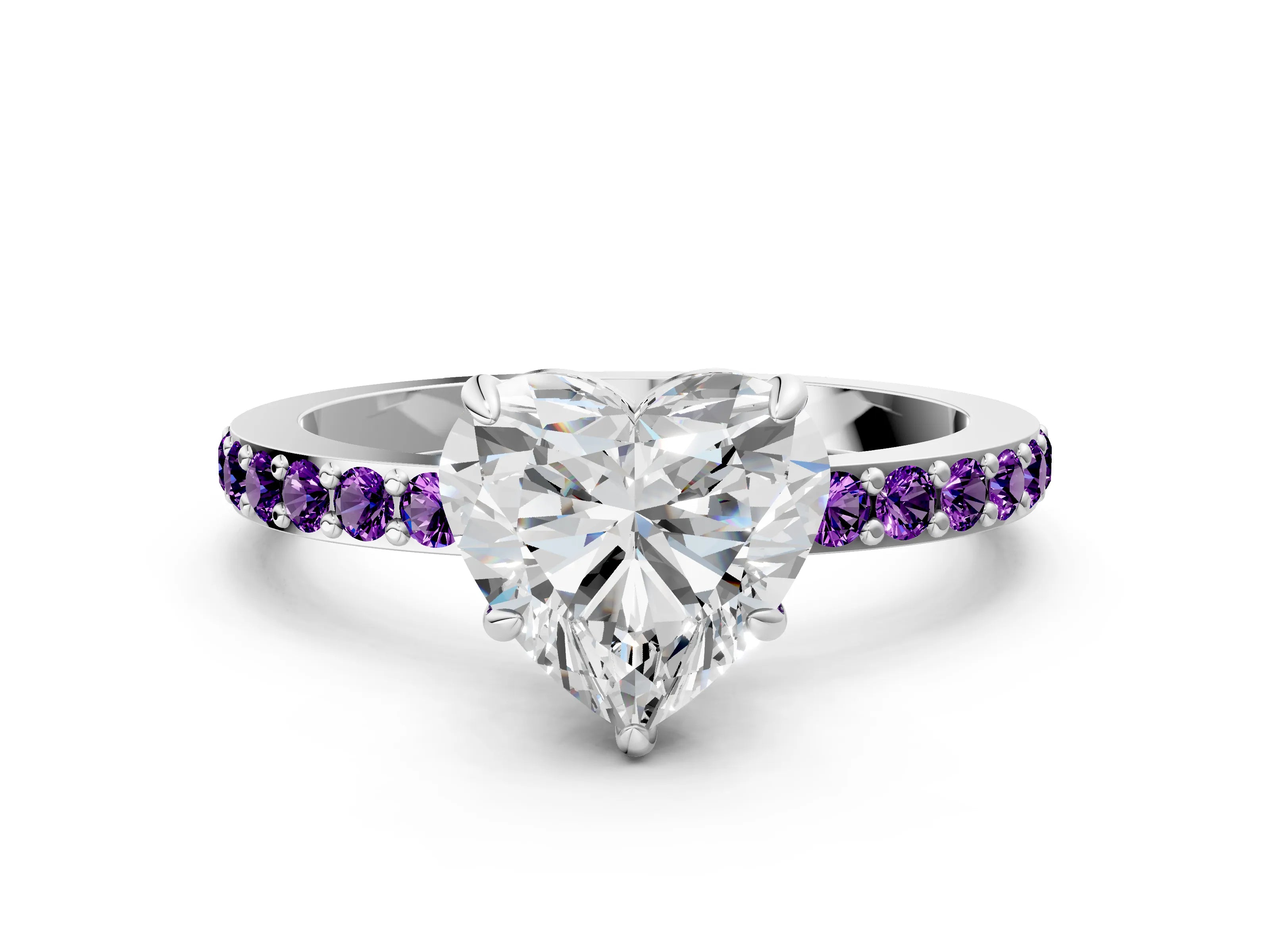 White gold Heart Cut Diamond Pavé Engagement Ring with Round with Amethyst side stone Accents and Prong Setting_36