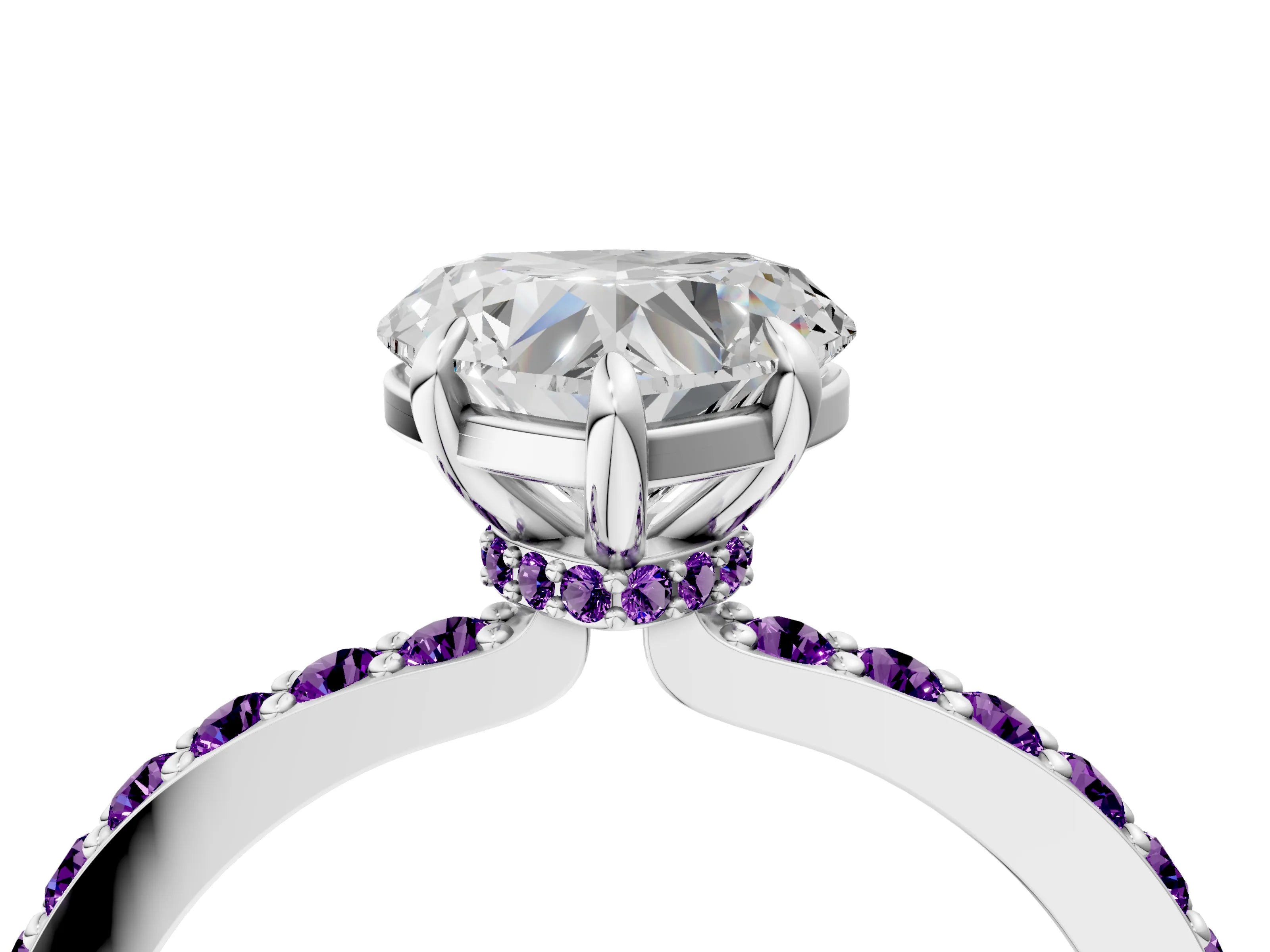 White gold Heart Cut Diamond Pavé Engagement Ring with Round with Amethyst side stone Accents and Prong Setting_40