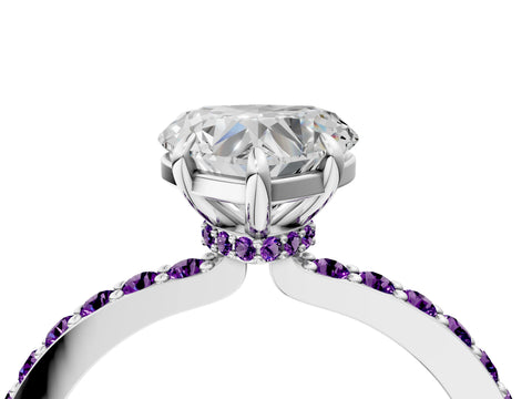 White gold Heart Cut Diamond Pavé Engagement Ring with Round with Amethyst side stone Accents and Prong Setting_4