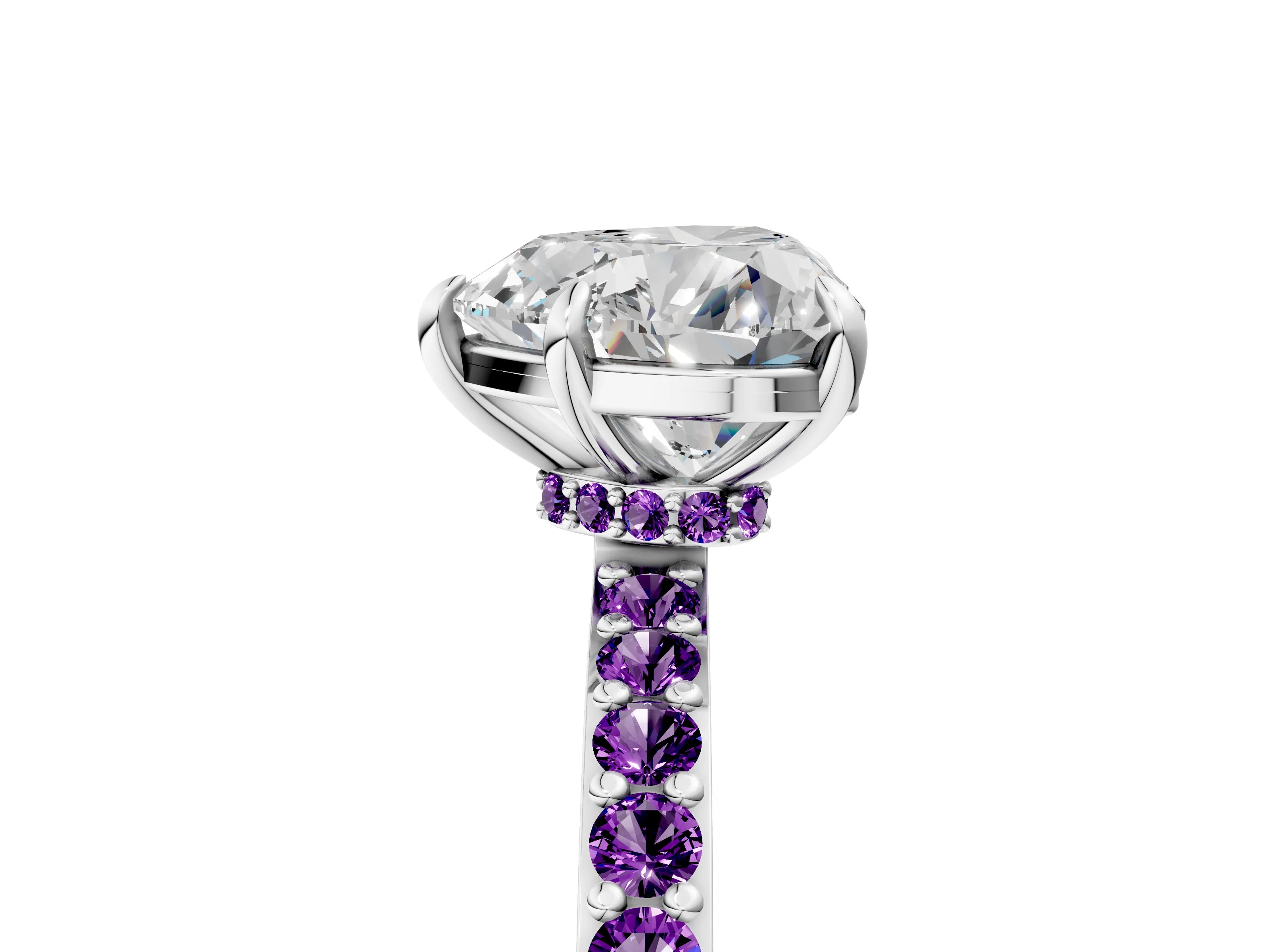White gold Heart Cut Diamond Pavé Engagement Ring with Round with Amethyst side stone Accents and Prong Setting_5