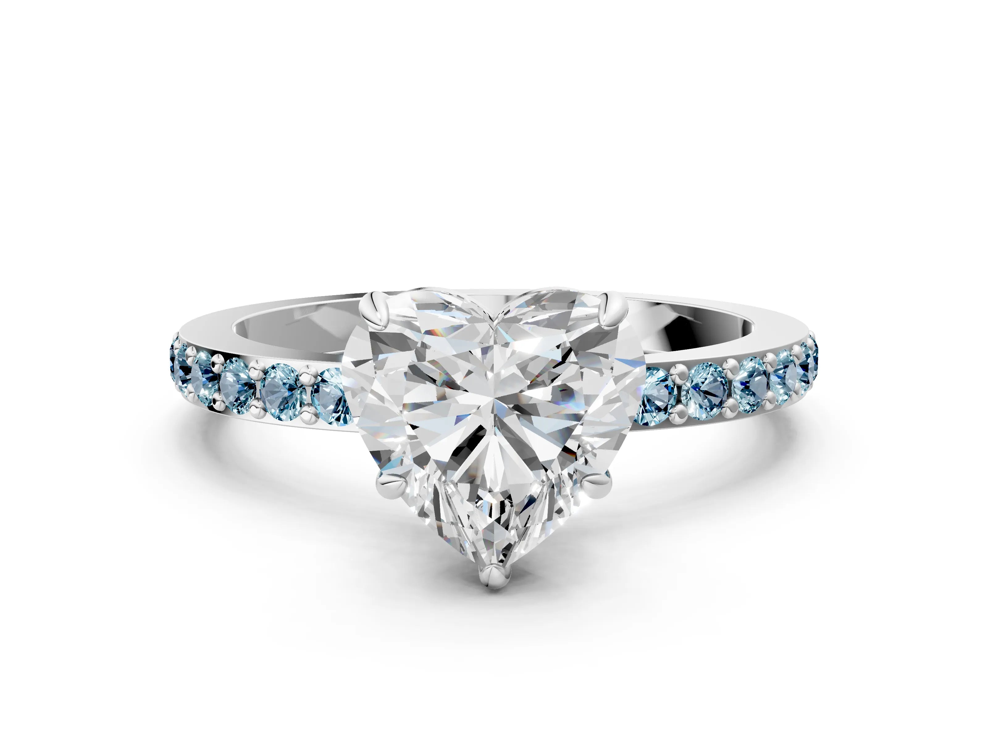 White gold Heart Cut Diamond Pavé Engagement Ring with Round with Aquamarine side stone Accents and Prong Setting_12