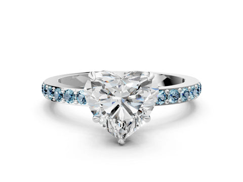 White gold Heart Cut Diamond Pavé Engagement Ring with Round with Aquamarine side stone Accents and Prong Setting_12