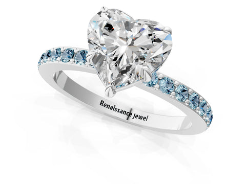 White gold Heart Cut Diamond Pavé Engagement Ring with Round with Aquamarine side stone Accents and Prong Setting_13