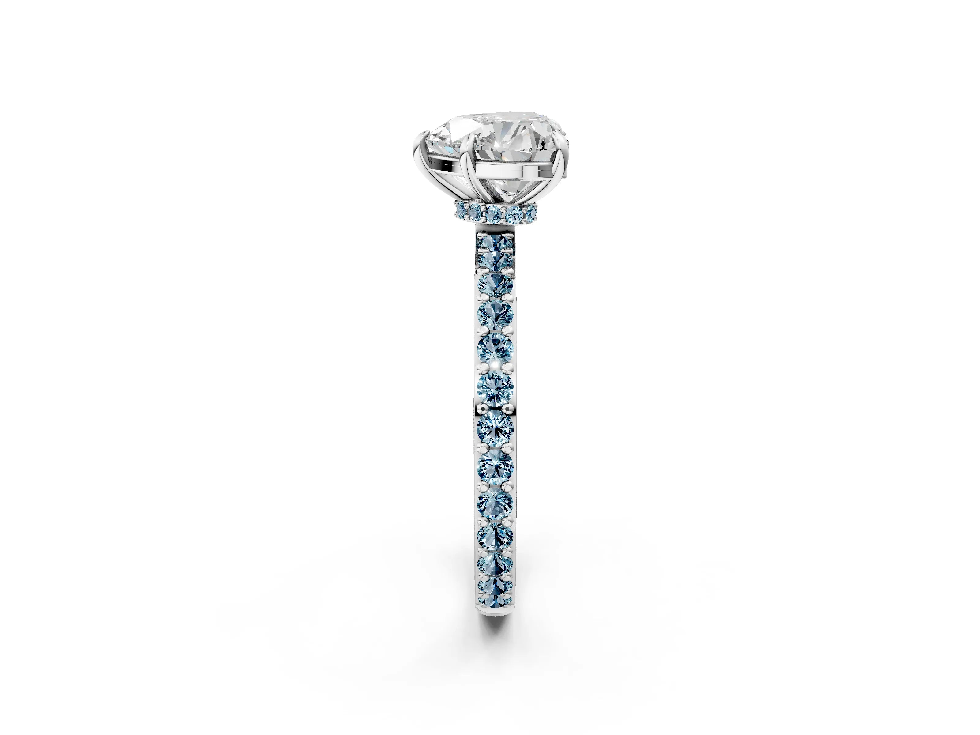 White gold Heart Cut Diamond Pavé Engagement Ring with Round with Aquamarine side stone Accents and Prong Setting_14