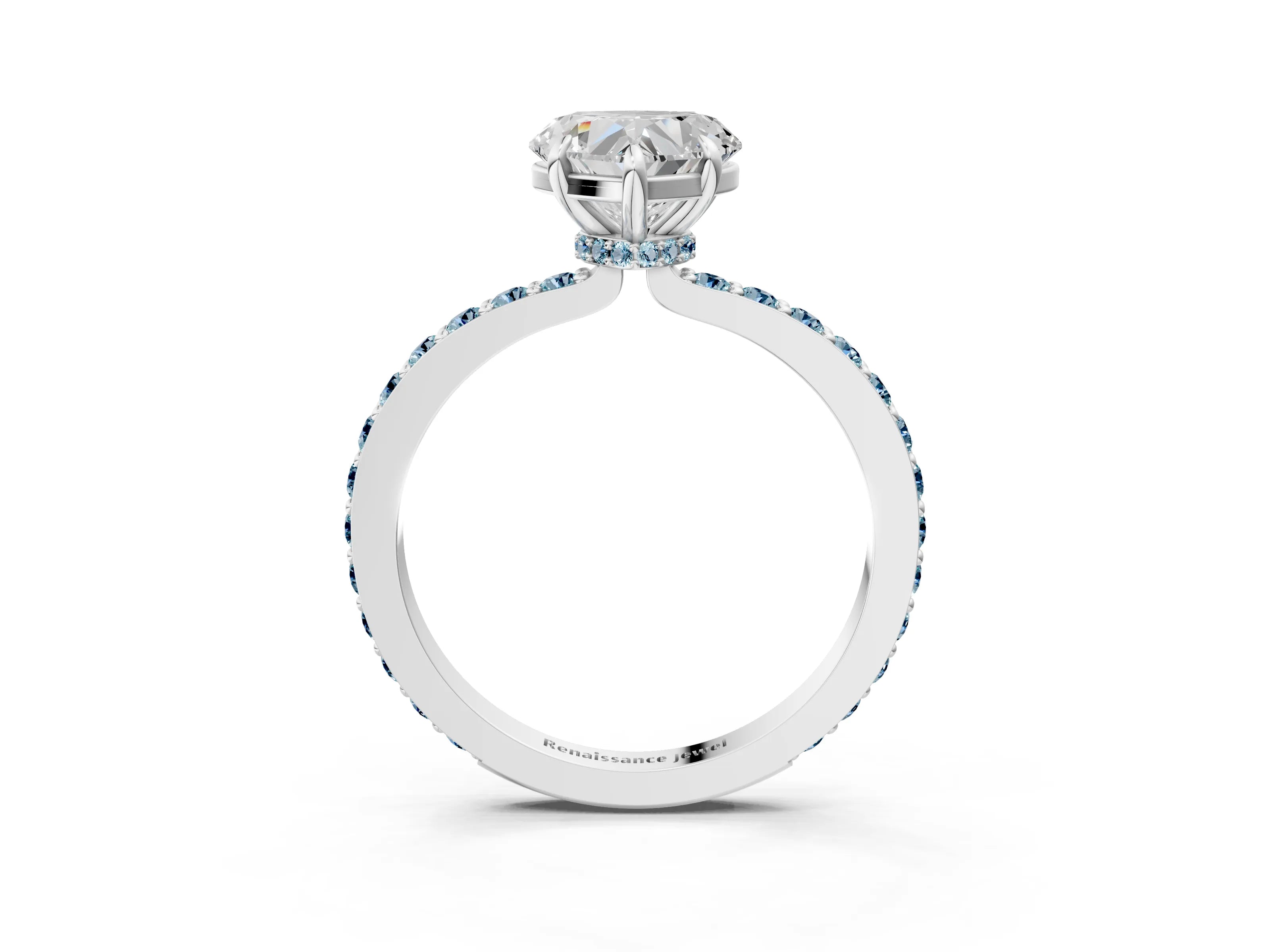 White gold Heart Cut Diamond Pavé Engagement Ring with Round with Aquamarine side stone Accents and Prong Setting_15