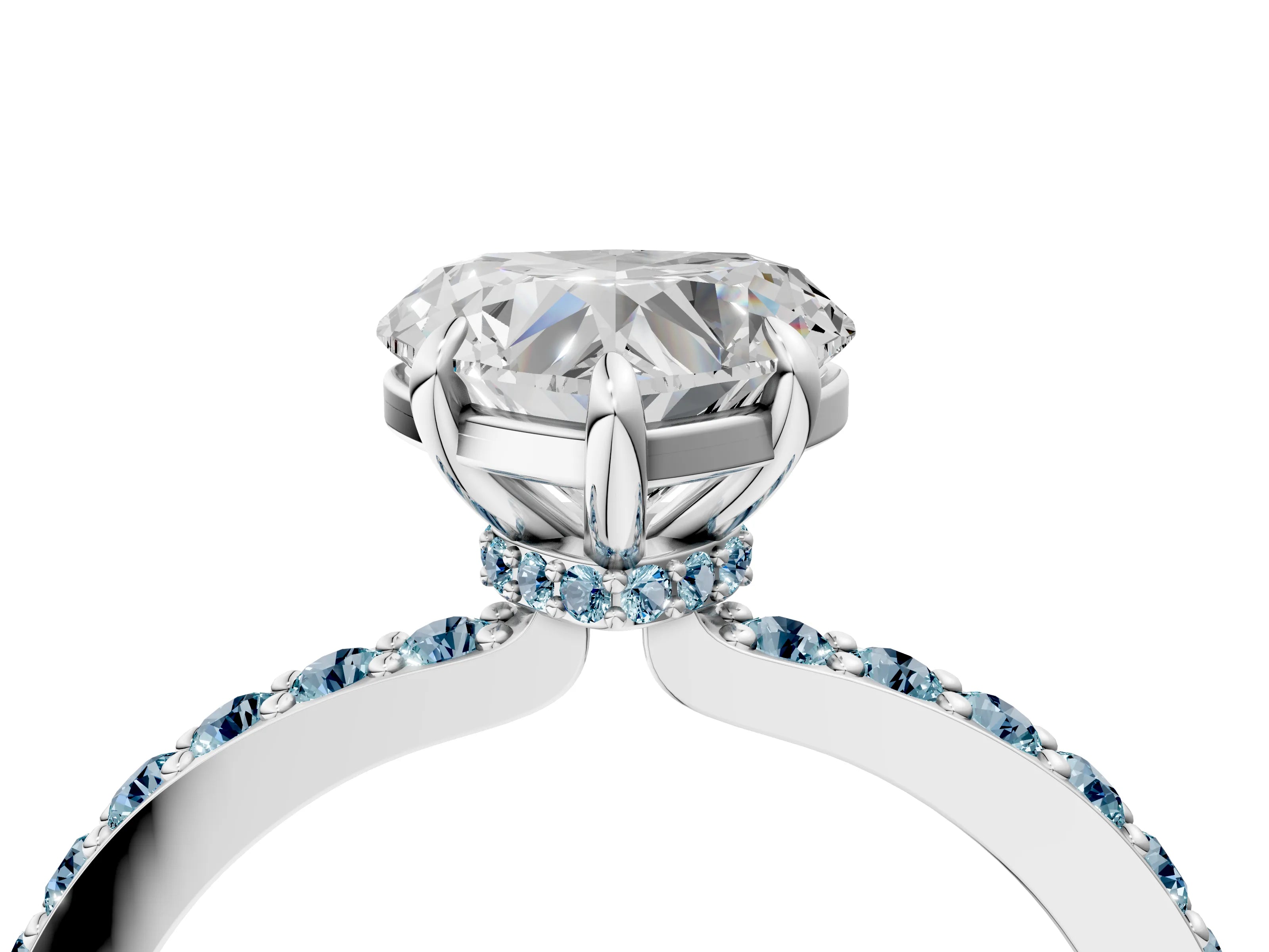 White gold Heart Cut Diamond Pavé Engagement Ring with Round with Aquamarine side stone Accents and Prong Setting_16
