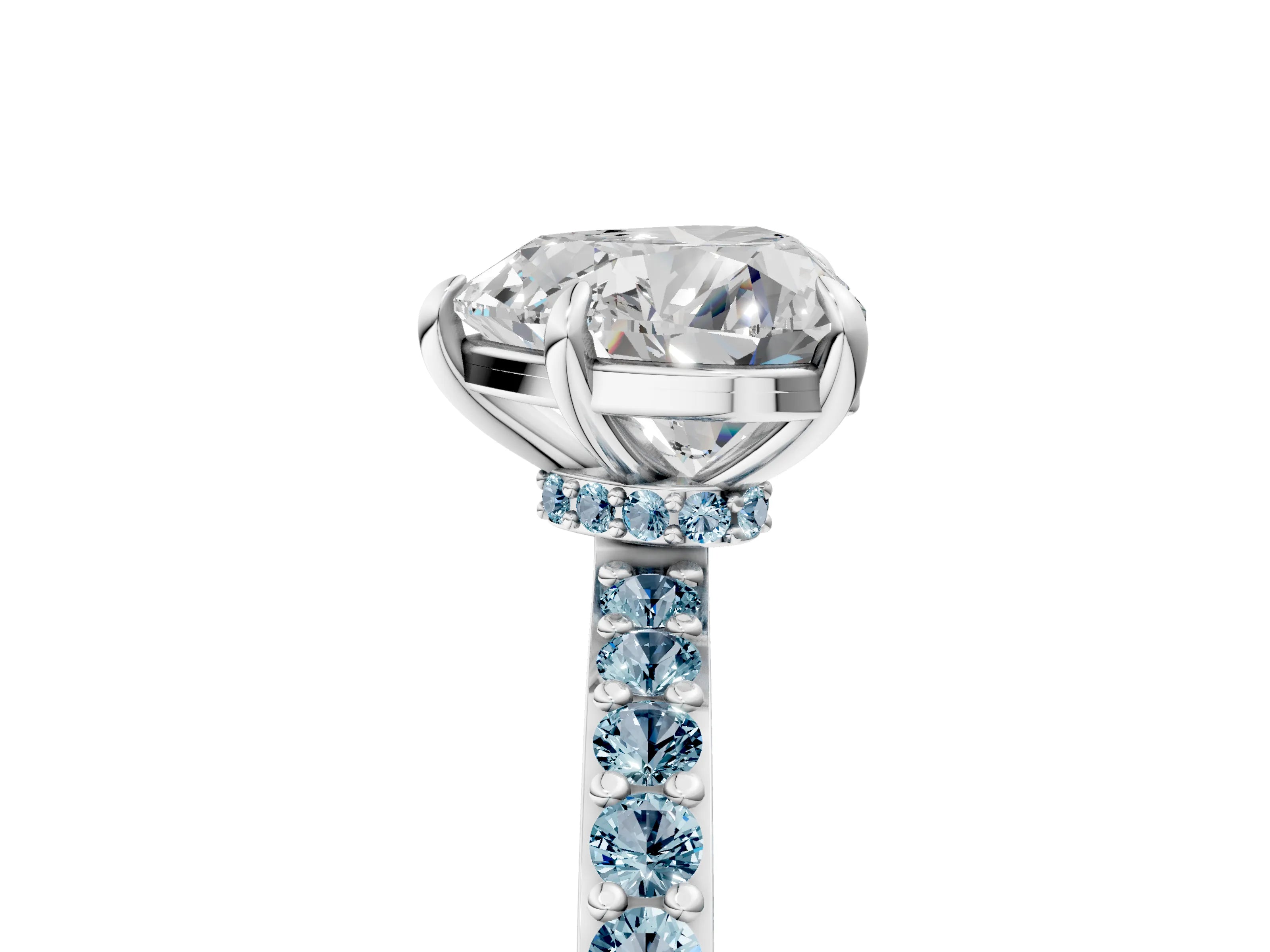 White gold Heart Cut Diamond Pavé Engagement Ring with Round with Aquamarine side stone Accents and Prong Setting_17