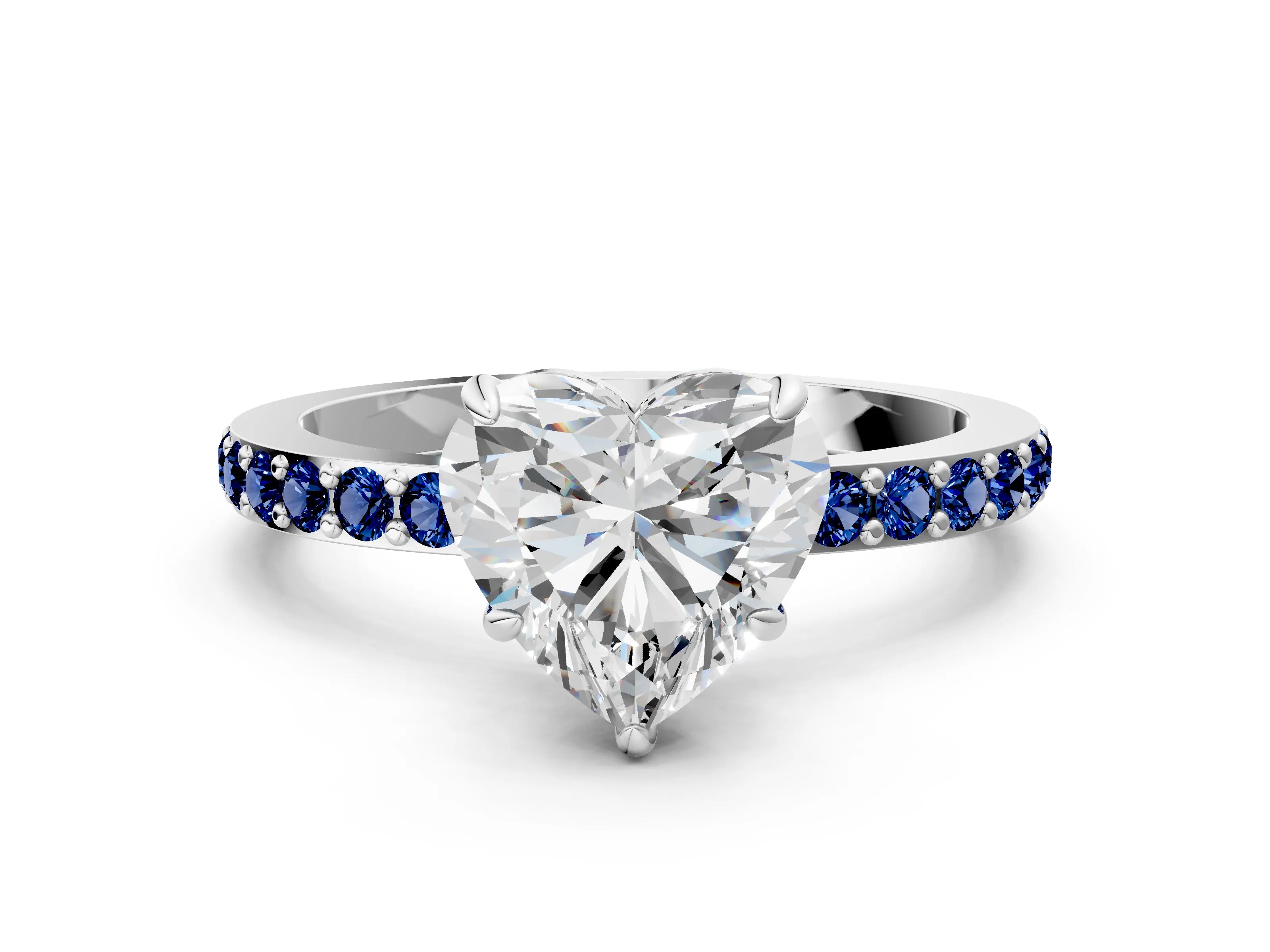 White gold Heart Cut Diamond Pavé Engagement Ring with Round with Blue Sapphire side stone Accents and Prong Setting_12