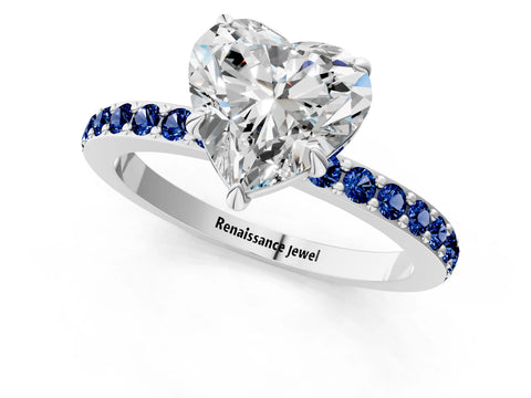 White gold Heart Cut Diamond Pavé Engagement Ring with Round with Blue Sapphire side stone Accents and Prong Setting_13