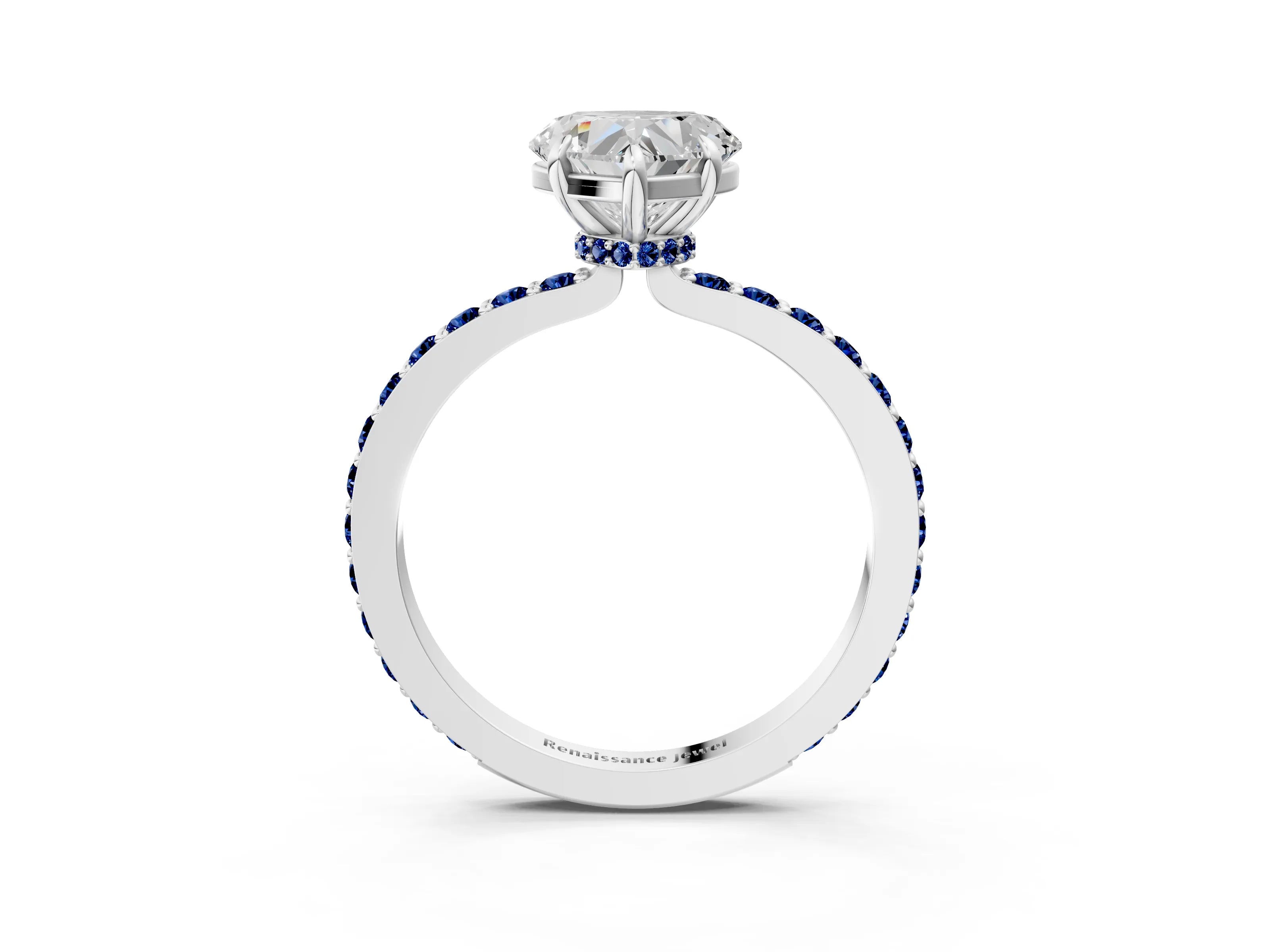 White gold Heart Cut Diamond Pavé Engagement Ring with Round with Blue Sapphire side stone Accents and Prong Setting_15