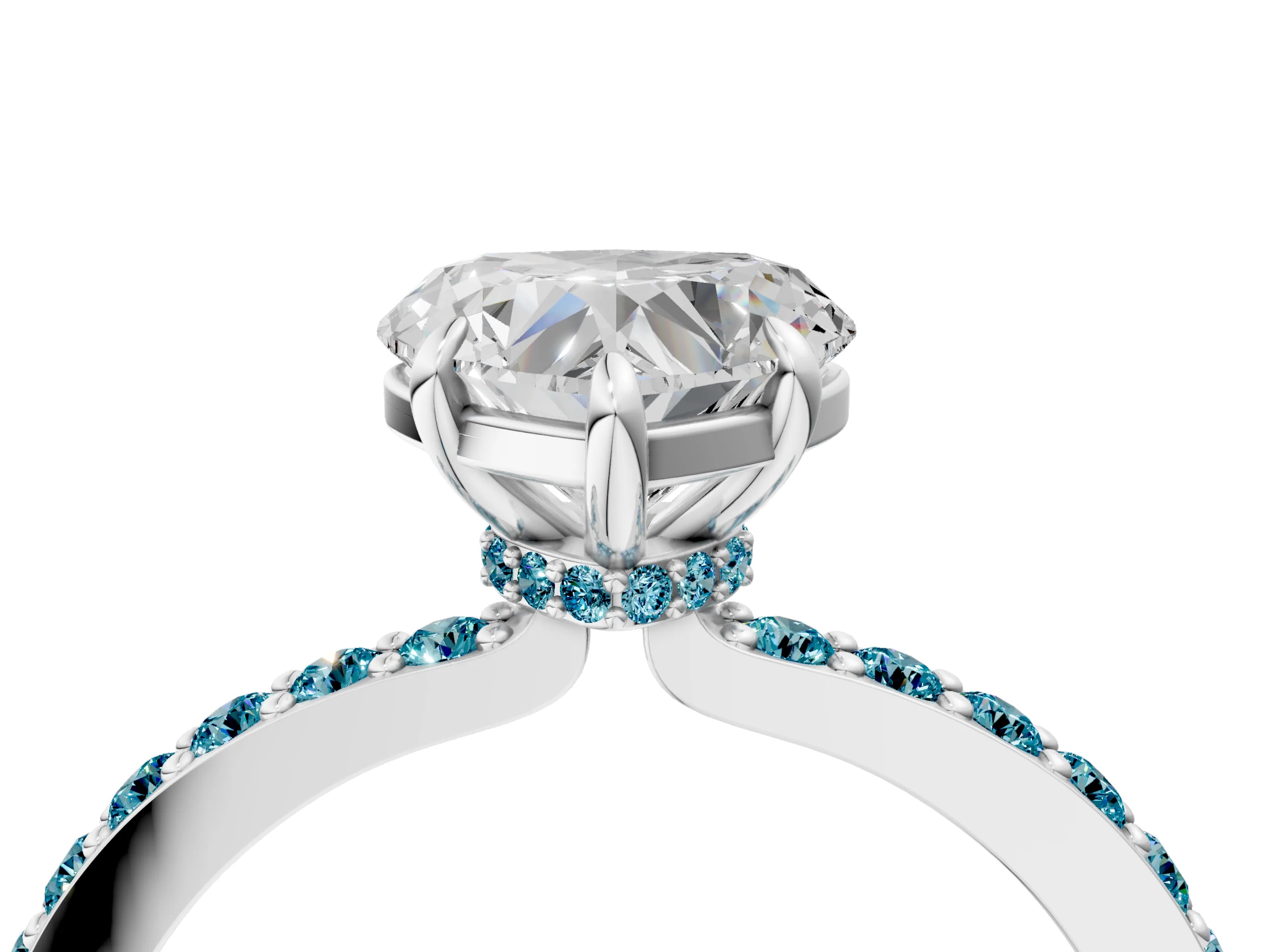 White gold Heart Cut Diamond Pavé Engagement Ring with Round with Blue Topaz side stone Accents and Prong Setting_28