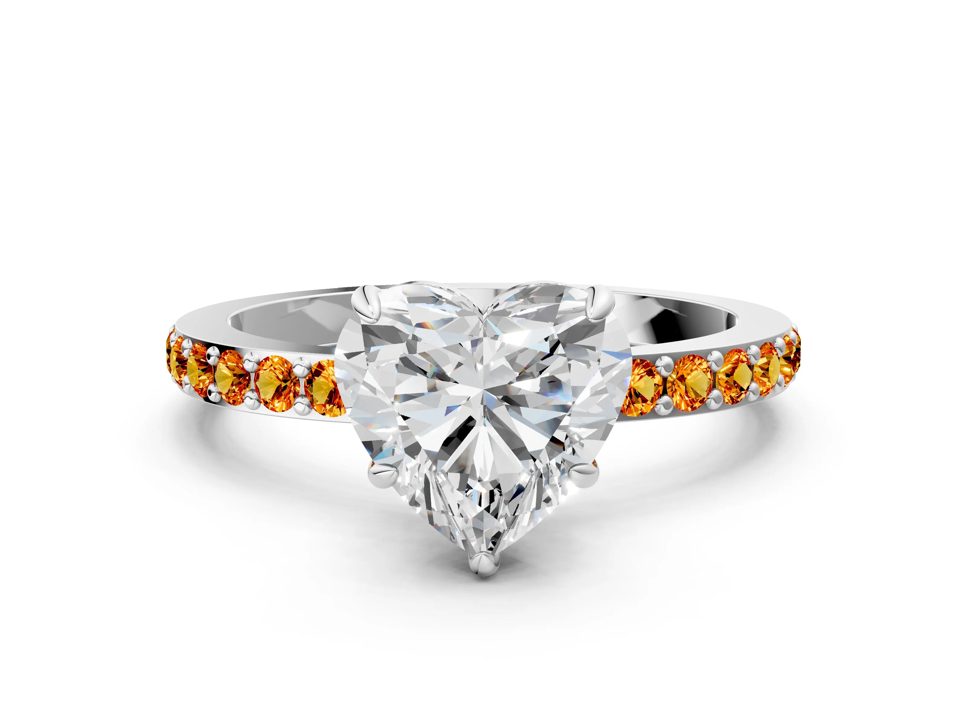 White gold Heart Cut Diamond Pavé Engagement Ring with Round with Citrine side stone Accents and Prong Setting_12