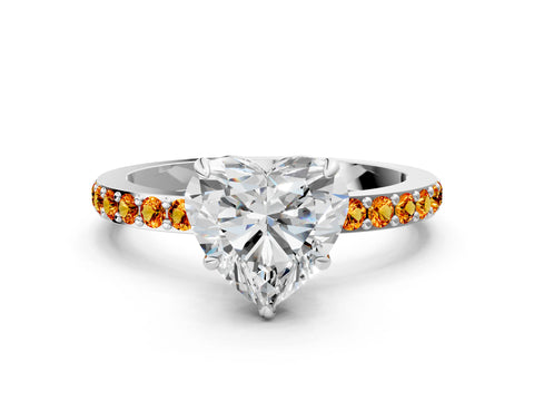 White gold Heart Cut Diamond Pavé Engagement Ring with Round with Citrine side stone Accents and Prong Setting_12