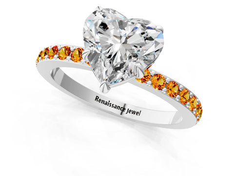White gold Heart Cut Diamond Pavé Engagement Ring with Round with Citrine side stone Accents and Prong Setting_49