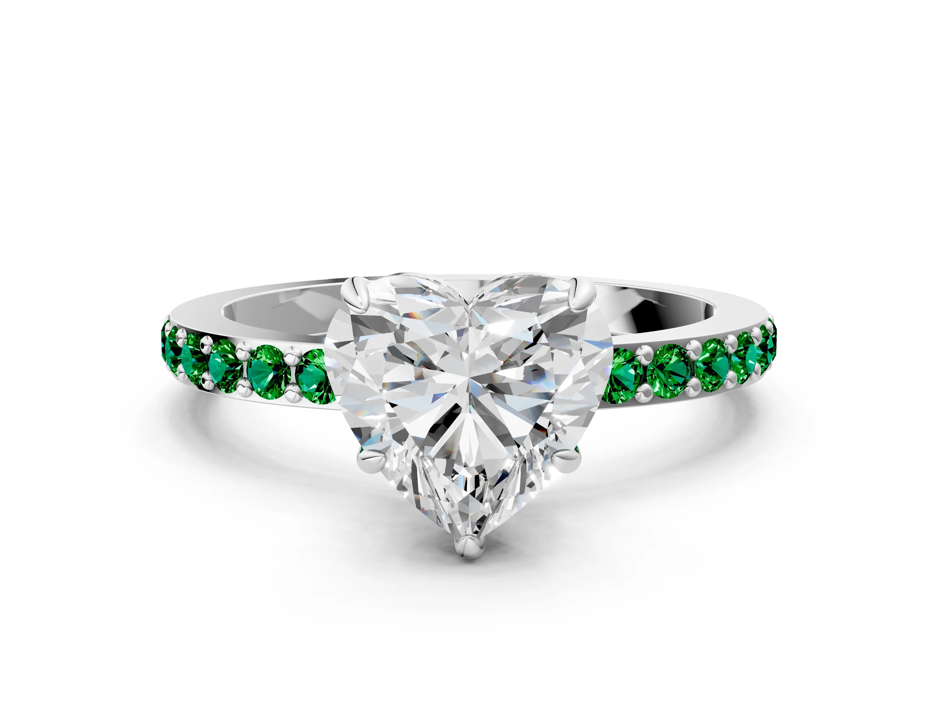 White gold Heart Cut Diamond Pavé Engagement Ring with Round with Emerald side stone Accents and Prong Setting_12