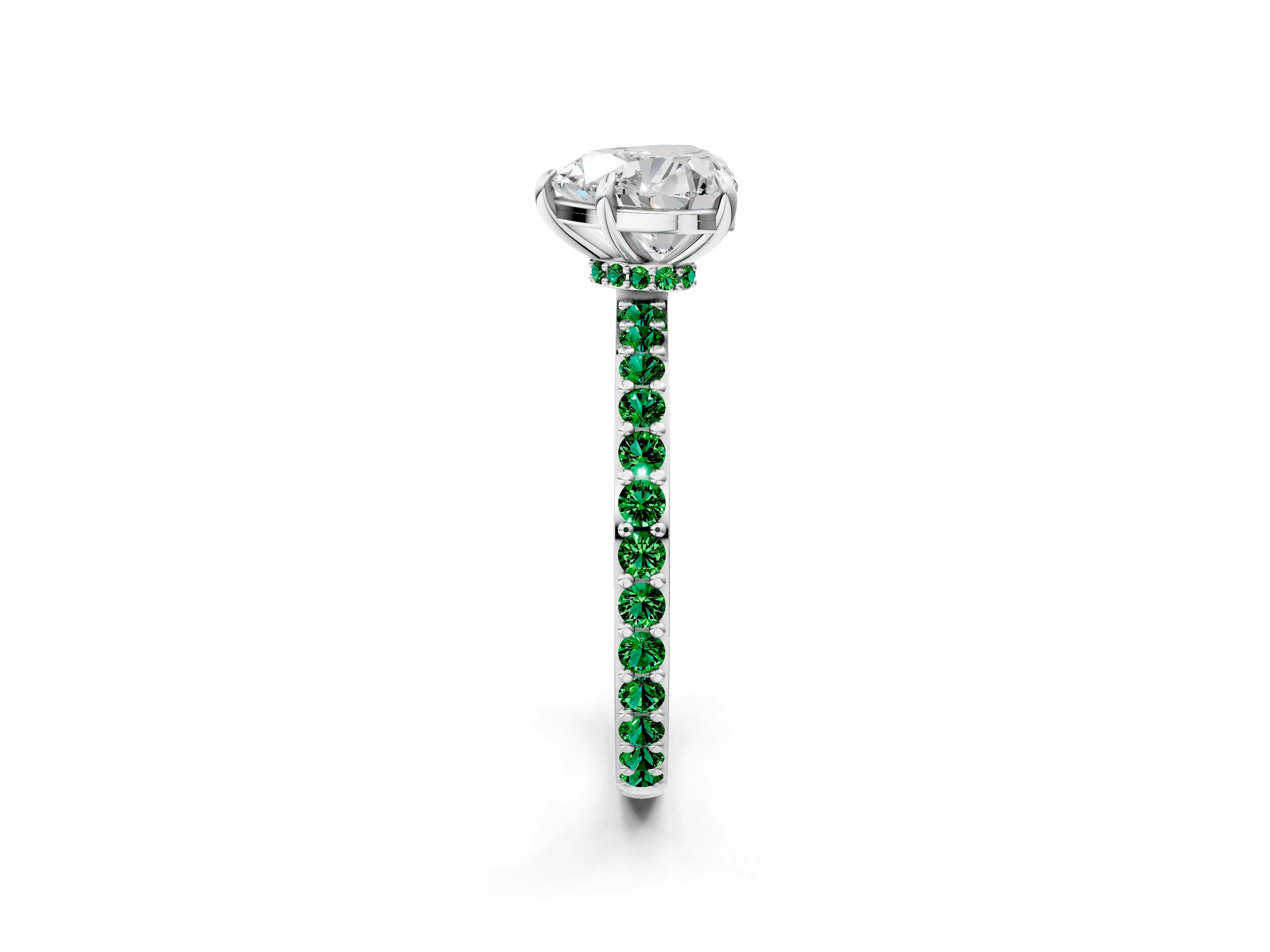 White gold Heart Cut Diamond Pavé Engagement Ring with Round with Emerald side stone Accents and Prong Setting_14