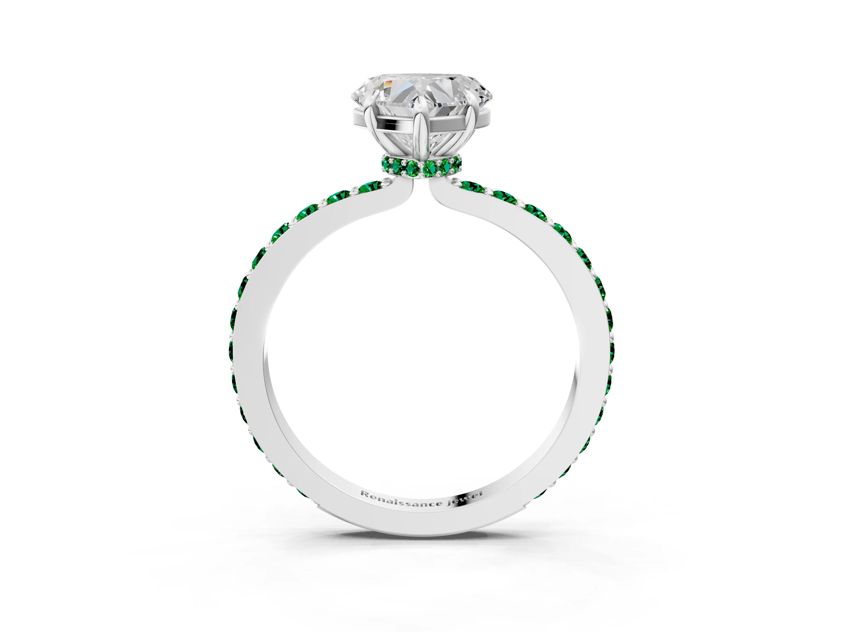 White gold Heart Cut Diamond Pavé Engagement Ring with Round with Emerald side stone Accents and Prong Setting_15