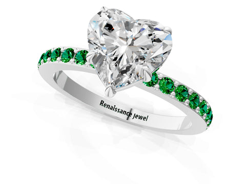 White gold Heart Cut Diamond Pavé Engagement Ring with Round with Emerald side stone Accents and Prong Setting_1