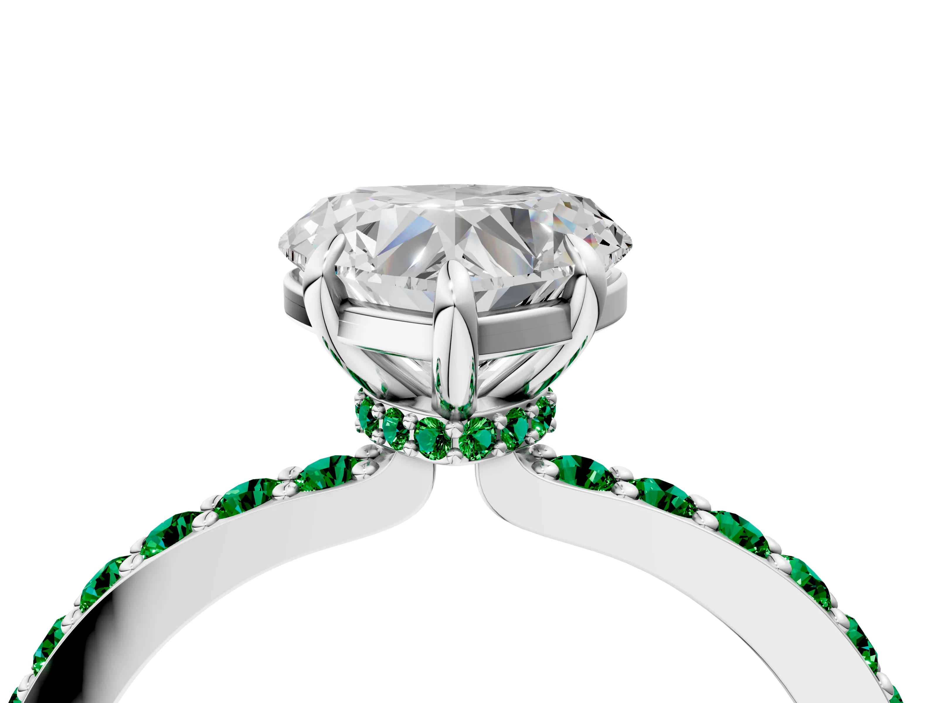 White gold Heart Cut Diamond Pavé Engagement Ring with Round with Emerald side stone Accents and Prong Setting_4